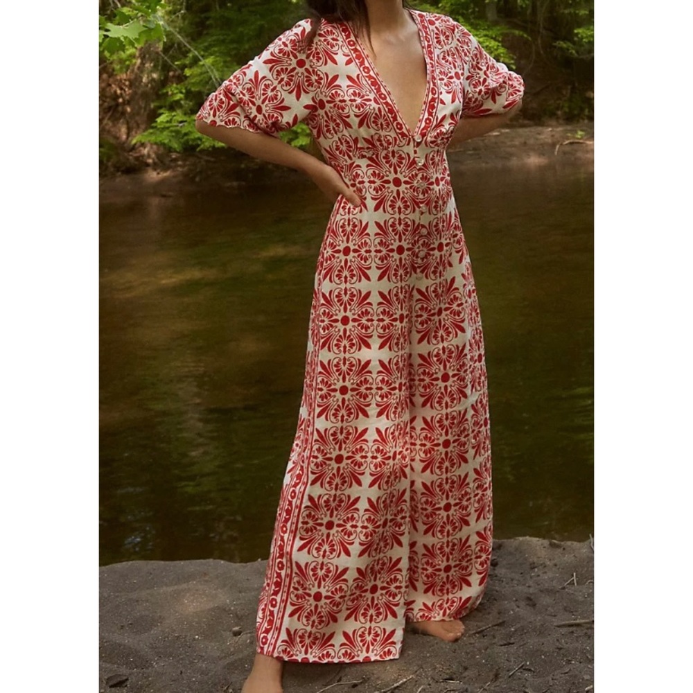 Farm Rio Carmina Button-Front Jumpsuit Linen Medium Anthropologie Wide Leg - Picture 7 of 8